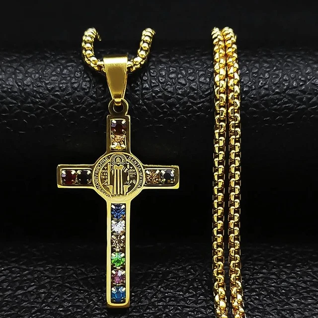 Pendentif Croix Ancien Plaqué Or Avec Cristal Rubis - Réf. 2044, Occasion Bon État