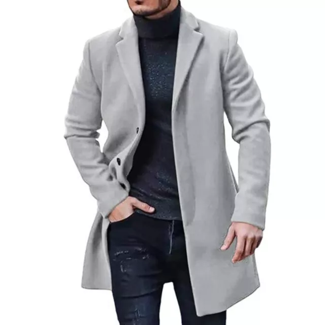 Woolen Mens Winter Lapel Long Jacket Overcoat Fomal Button Outwear Trench Coat