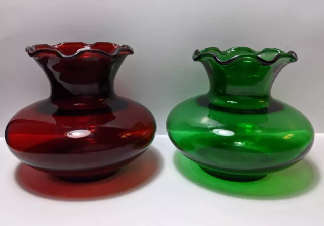 Vintage Anchor Hocking Ruby Red / Forest Green Small Ruffled Edge Bud Vases