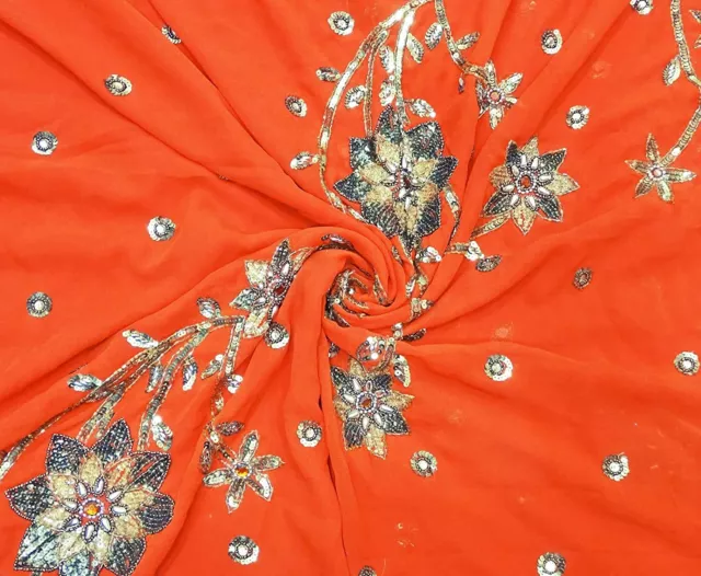 Jahrgang Saree Orange Blumen Bedrucktes Handwerk Kleid Georgette Sari MSI259