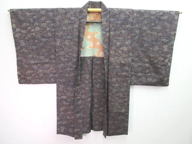 8054N4 Silk Vintage Japanese Kimono Haori Jacket Plum blossom Meisen Long 2