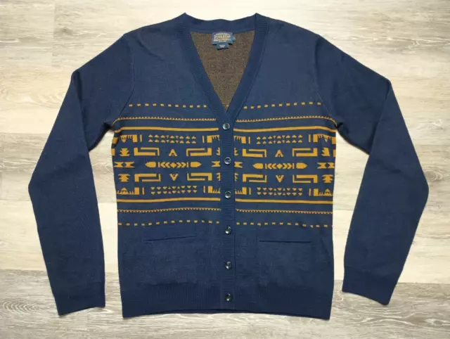 Pendleton Merino Wool Cardigan Sweater Womens L Aztec Navy Blue button up EUC