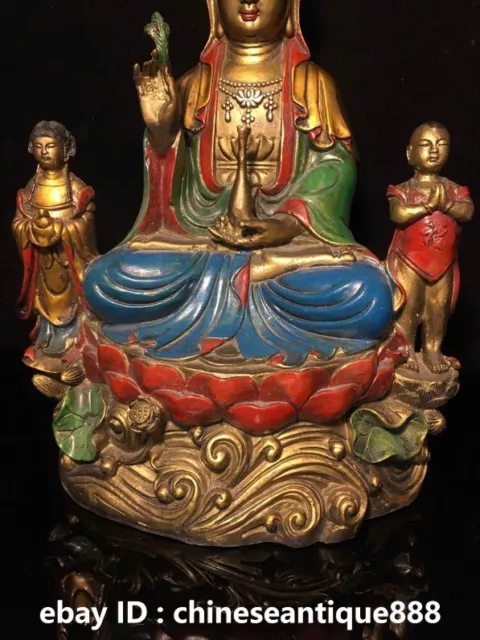 Chinese Buddhism Temple Bronze Gilt Kwan-yin Guan Yin Tongzi Boy Goddess Statue 3