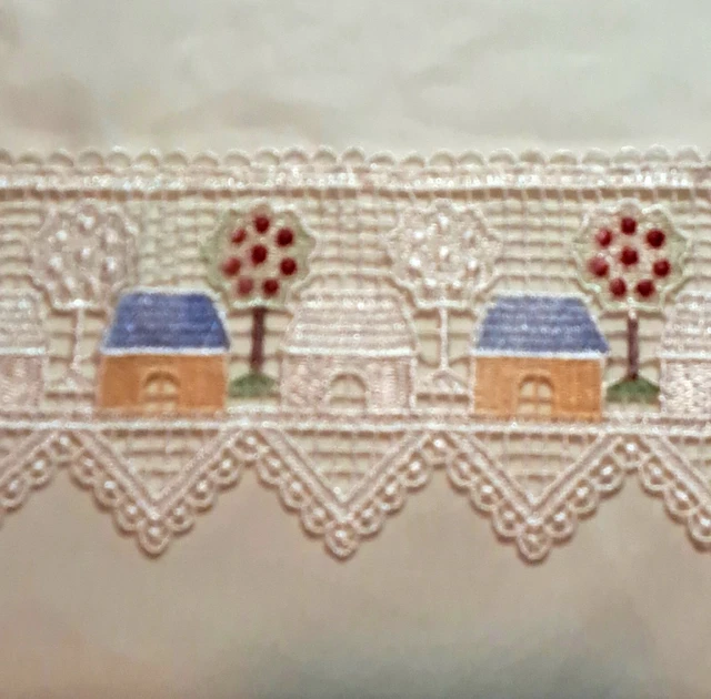 1970 White Sheer Valances (3) Lace Edge With Apple Trees Cottages  14x60 in