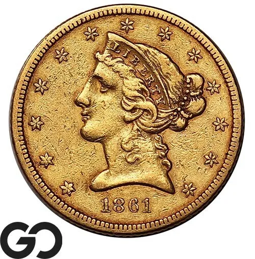 1861 Half Eagle, $5 Gold Liberty, Civil War Issue ** Free Shipping!