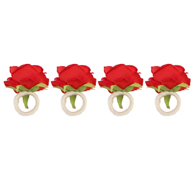 (Rouge)4PCS Rose Ronds De Serviette En Plastique Réutilisable Fleur
