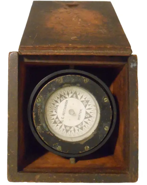19Th C Antique C. C. Hutchinson Boston Nautical Brass 360 Tilting Compass/Wd Box