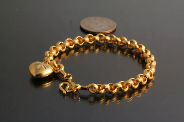 22K 23K 24K Thai Baht Dp Gold ~ Rolo Curb Link Chain With Heart Charm Bracelet