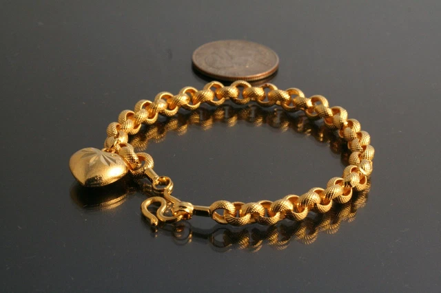 22K 23K 24K Thai Baht Dp Gold ~ Rolo Curb Link Chain With Heart Charm Bracelet