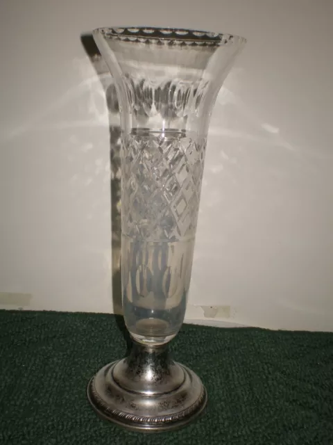 Antique Sterling Silver Dimple Cut Glass 10.25" Tall Vase Face Crown L Mark