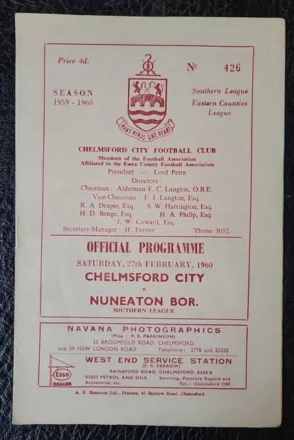 Programme Chelmsford City V Nuneaton Borough Southern League 1959 / 1960