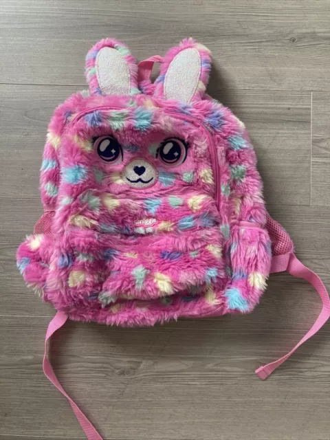 Smiggle Girls Pink Fluffy Bunny Rabbit Glitter Back Pack Ruck Sack Bag School