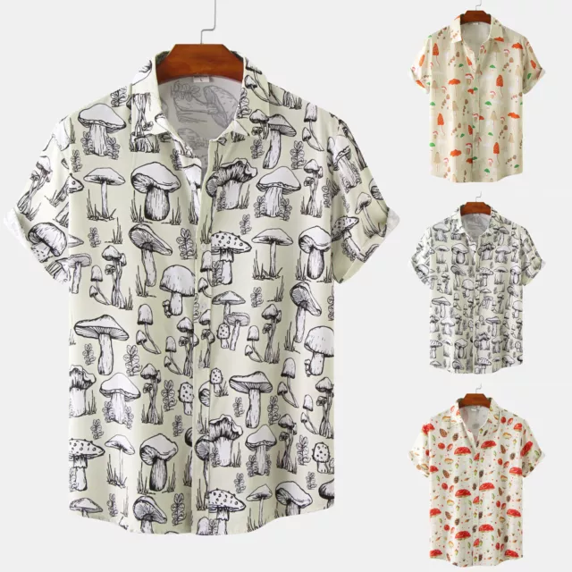 Male Summer Casual Mushroom Printed Shirt Short Sleeve Turn Down Mens Shirts