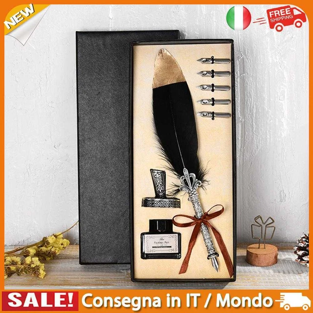 IT Vintage Calligraphy Feather Dip Pen Set Writing Ink Fountain Pen (Black)