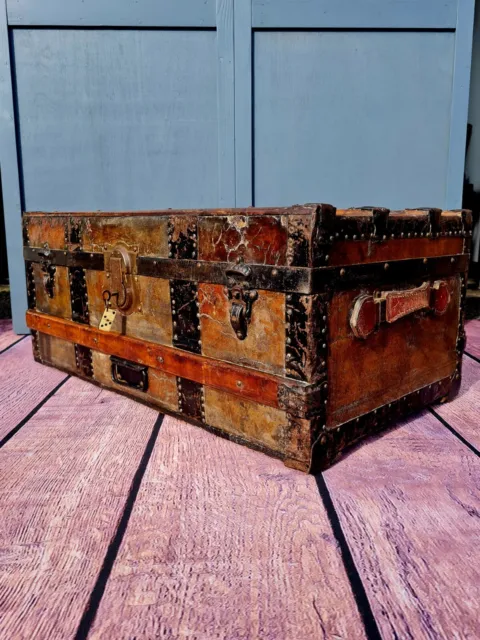 19th century american leather bound steamer travel trunk