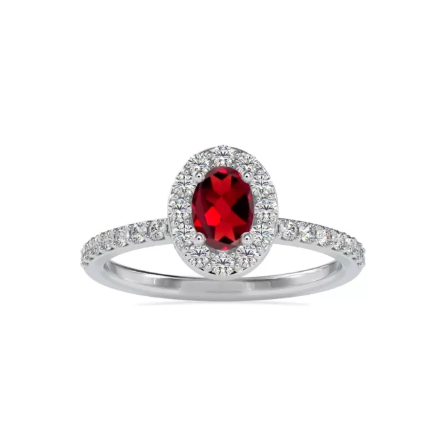 Garnet Oval And Diamond Accent Halo Ring In 14K White Gold (1.02 Ctw)