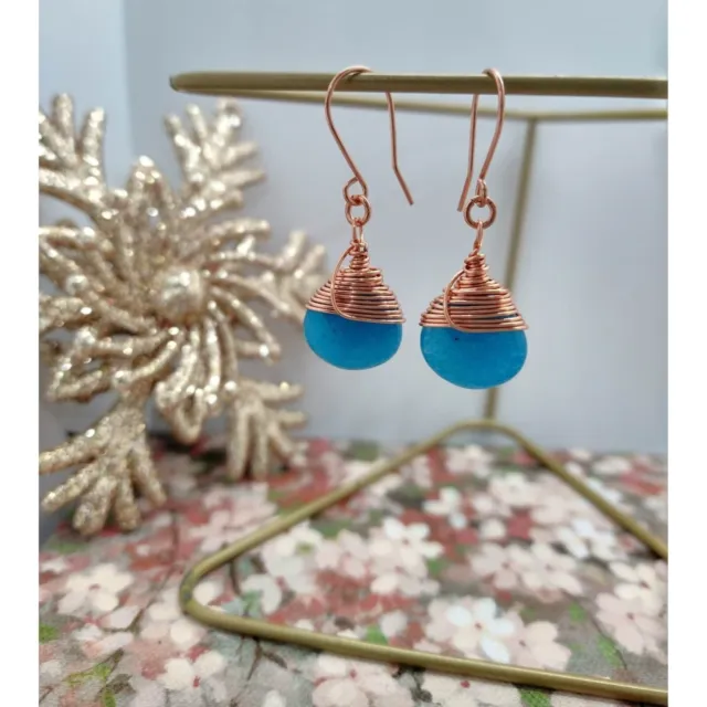 Faceted Teardrop Blue Jade Gemstone, Bright Copper Dangle Earrings, Handmade