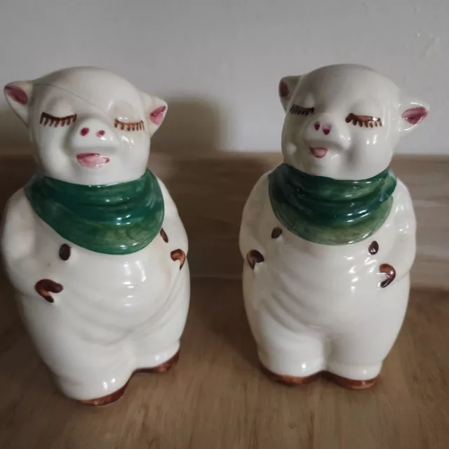 1940s Shawnee Pottery Large 5" Smiley Pig Salt & Pepper Shakers 1 Is Repaired