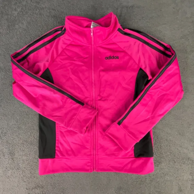 Adidas Track Jacket Girls Medium 10/12 Pink Full Zip Black Stripes Trefoil Logo