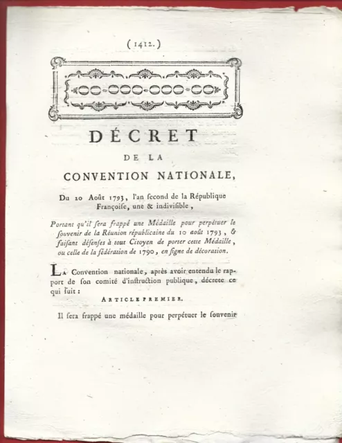 1793 Decret Creation Medaille De La Journee Du 10 Aout