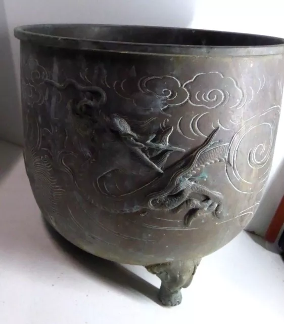 Large Impressive Antique Cast Brass Chinese Dragon Pot Vase Hand Made Footed Urn