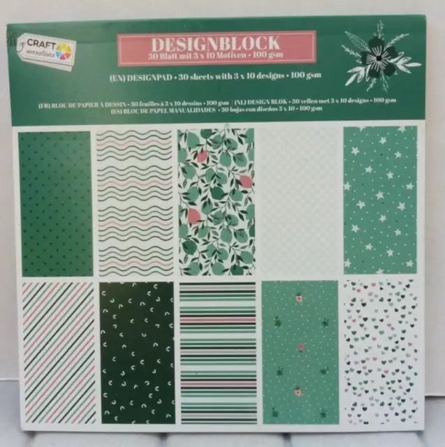 Designpapier Designblock Bastelpapier 3x10 Motive 15x15cm - GRÜN HERZEN STREIFEN