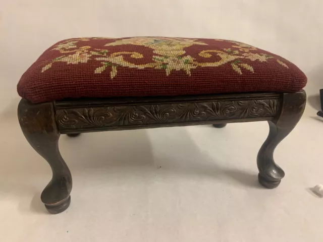 Vintage Carved Wood Footstool, Foot Rest, Seat, Enboidered, Needlepoint Victo...