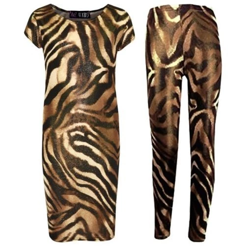 Bambine Tigre Lucido Stampa Elegante Midi Abito & Moda Legging Età 7-13 Anni