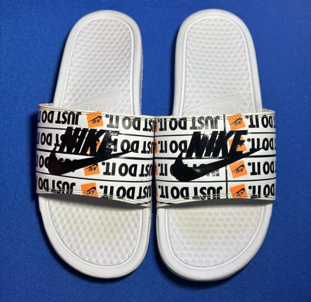 Nike Benassi JDI Just Do It Print Slides Sandals White Black Mens Shoe Size 9