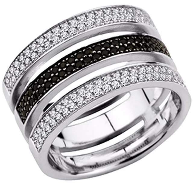 Bague En Argent Massif Avec Zirconiums Blancs Et Noirs - Taille 58, Occasion