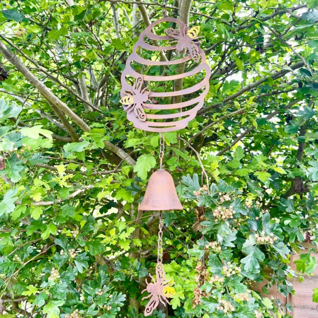 Campana colgante móvil metal decoración de jardín de hierro fundido marrón colmena viento abeja