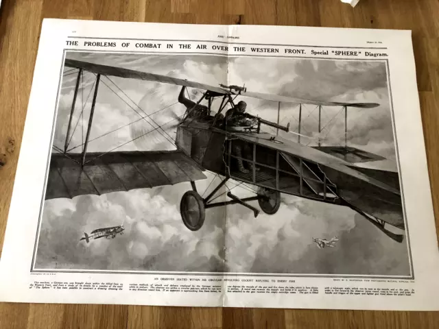 large aeroplane - western front . ww1 full double page print from the sphere !