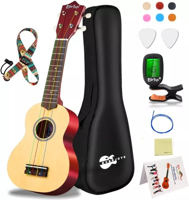 Everjoys Soprano Ukulele Beginner Kit 21 Inch Hawaiian Carry Bag Digital Tuner