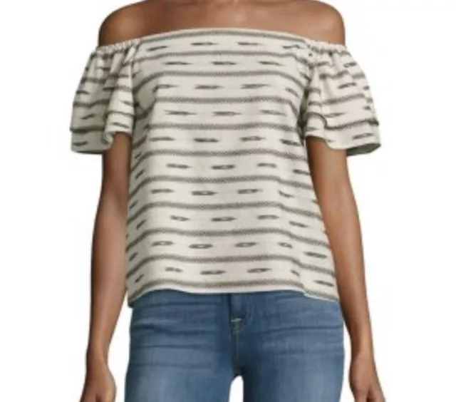 ALICE + OLIVIA Linen Top Small Black Off White Stripes Ruffle Sleeves NWT $250