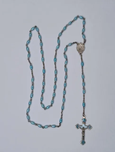 Pearlescent Blue Beaded Crucifix Rosary Prayer Beads Catholic