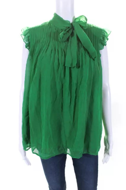 Madison Marcus Womens Silk Sleeveless Ruffle Trim V Neck Blouse Green Size L