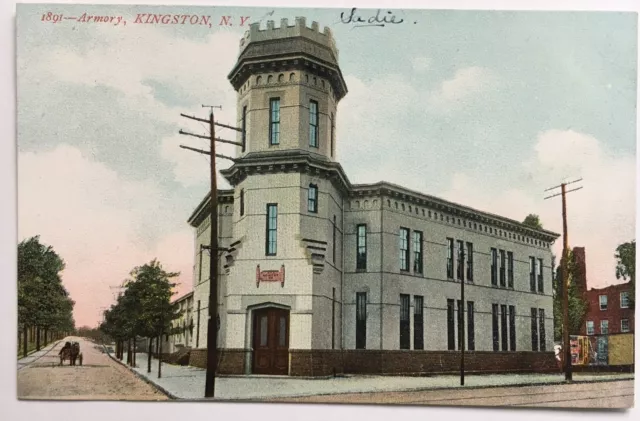 NY Postcard Kingston New York Ulster County Armory building front view street