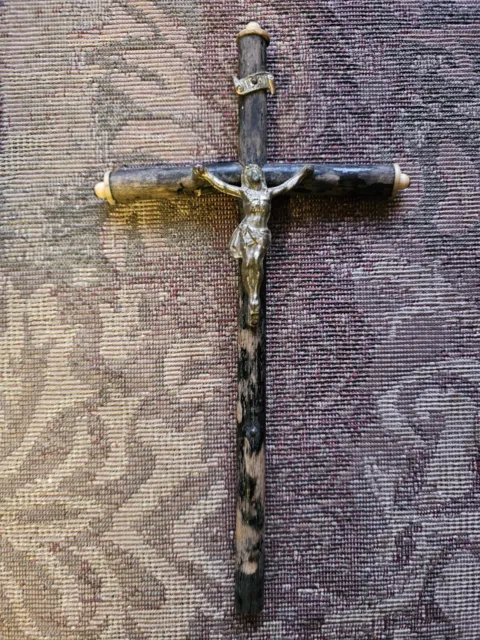Religious Vintage Black Crucifix Wooden Christ Cross Catholic Jesus French? INRI