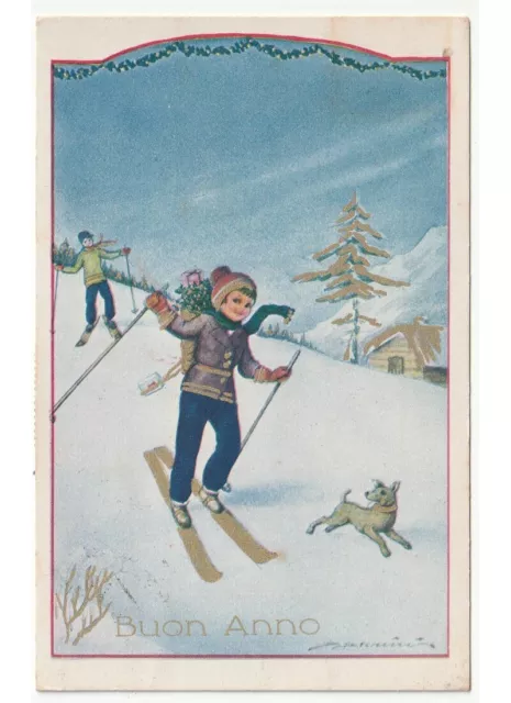 1936 cartolina d'epoca Buon Anno neve bambino sci cane gerla regali vischio