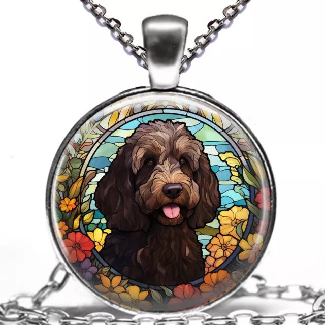 Faux Stained Glass Art Print Flowers Black Labradoodle Dog Gift Pendant Necklace