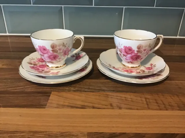 2 x Royal Sutherland Pink Roses Trios Cup Saucer Plate. Excellent Condition.