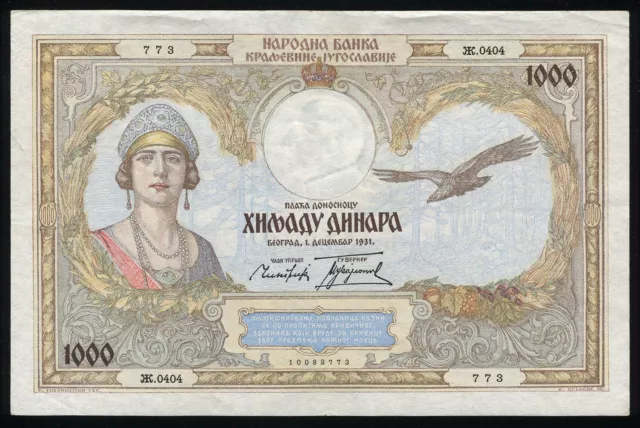 YUGOSLAVIA - 1000 Dinara 1931 Banknote Note - P-29 P29 - Queen Maria (XF)