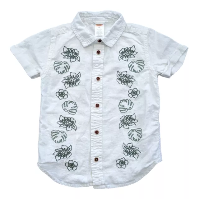 Gymboree Boys 4T Linen Button Down Short Sleeve Shirt White with Green Leaves