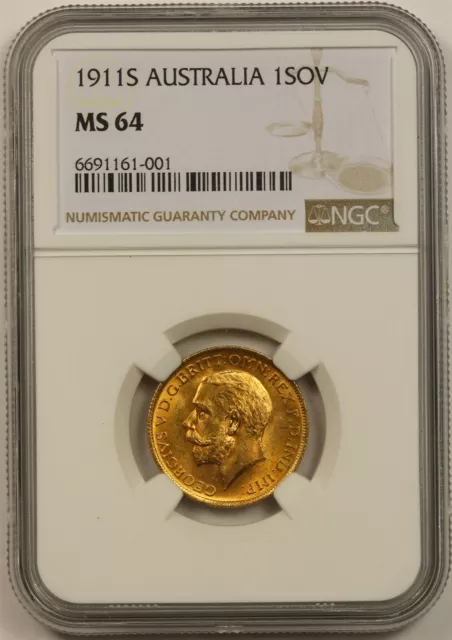 1911S Australia Gold 1 Sovereign 1SOV NGC MS 64