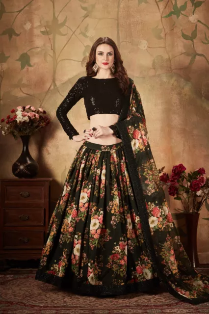 Black Georgette Embroidery Sequins Work Lehenga choli Wedding Sari Saree Dress