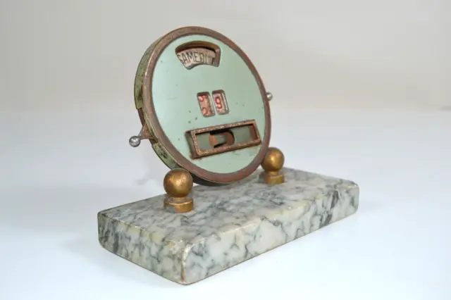 Antique French Perpetual Brass Marble Stand Desk Calendar Metal Round Art deco