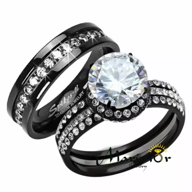 Hers & His 3 PC BLACK STAINLESS STEEL TITANIUM WEDDING ENGAGEMENT RING BAND SET