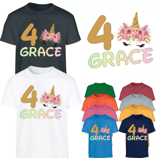 Personalised Unicorn Any Name Age Boys T-Shirt Children Birthday Girls Kids Gift