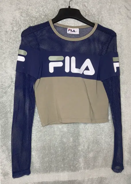 Fila Womens Top Cropped Long Sleeve shirt size M Navy Blue Mesh cotton pullover