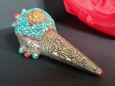 Old Tibetan Silver Covered Shell with Local Silver, Turquoise & Red Coral Stones